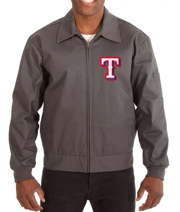 Gray jacket with a logo on a white background in USA