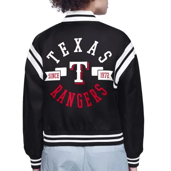 Black Texas Rangers jacket with white and red text on a white background