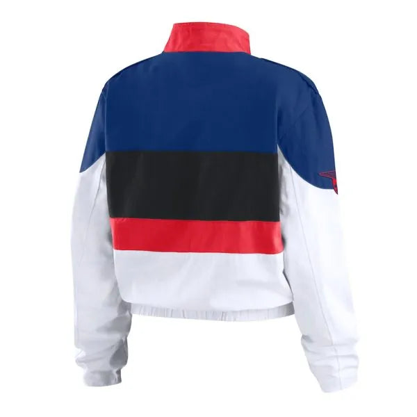 Color-blocked jacket with blue, red, black, and white sections on a white background