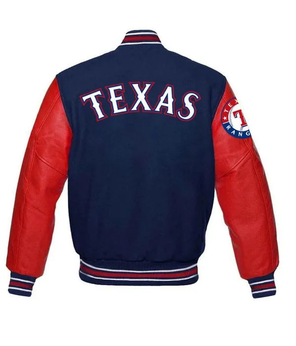 Navy and red varsity jacket with 'TEXAS' on the back, on a white background