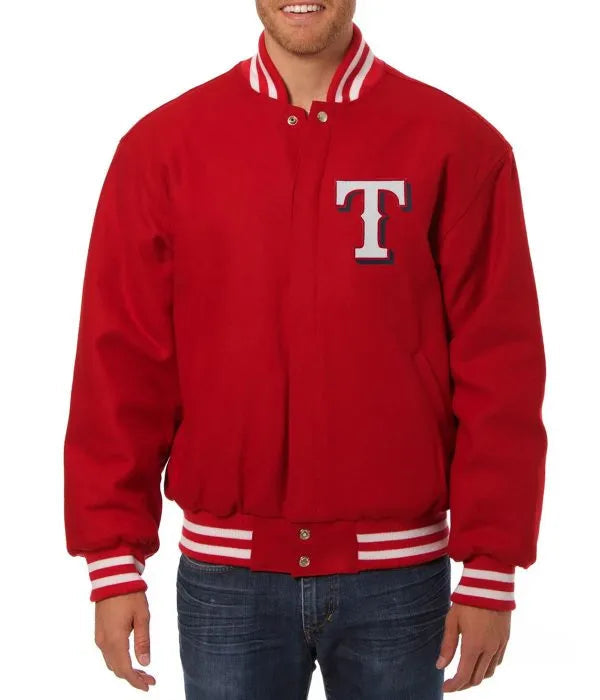Red varsity jacket with a white 'T' logo worn by a person on a white background in USA