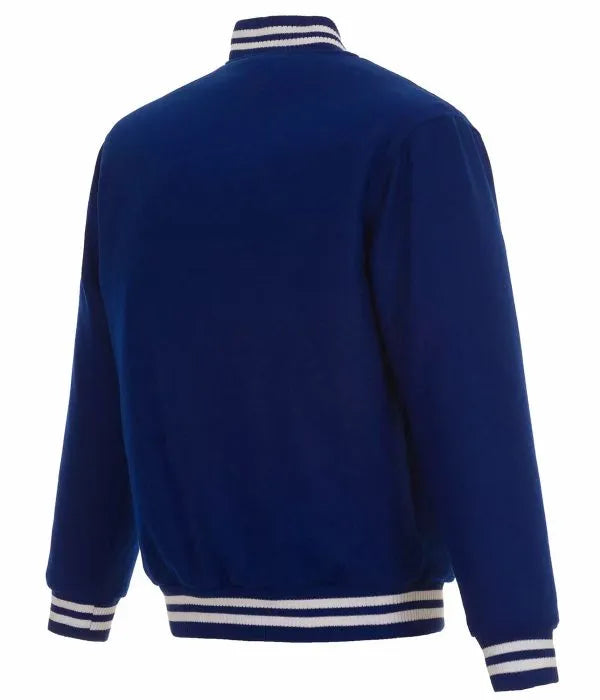 Blue varsity jacket with white stripes on a white background