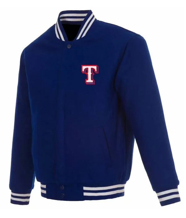 Blue jacket with a red and white logo on a white background