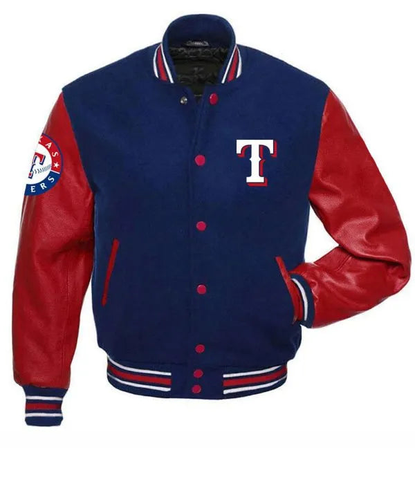 Blue and red varsity jacket with a logo on a white background