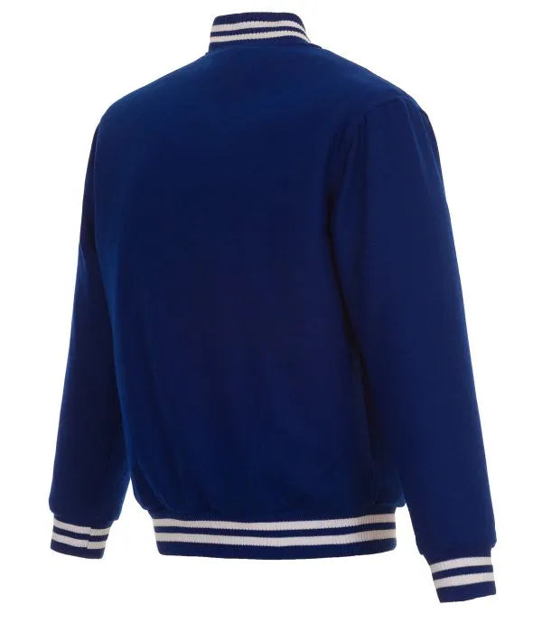 Blue varsity jacket with white stripes on a white background in American Style