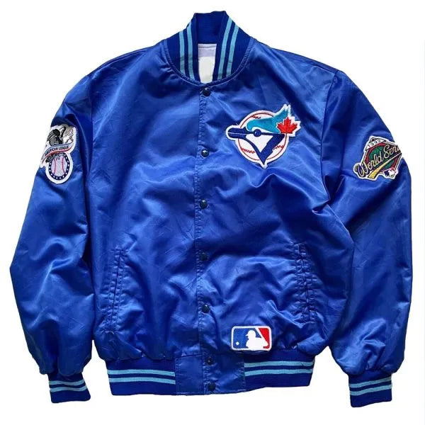 Blue sports jacket with logos on a white background