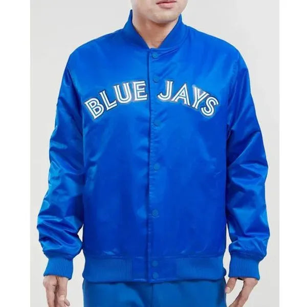 Blue sports jacket with 'Blue Jays' text on a plain background