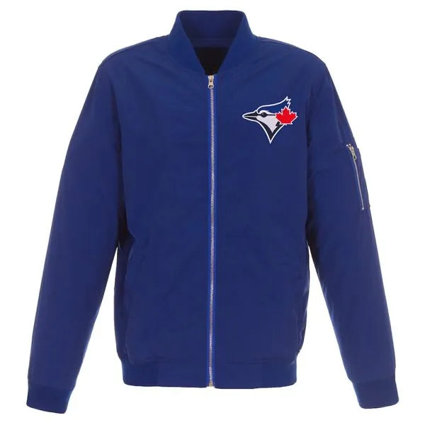 Blue jacket with a logo on the chest against a white background