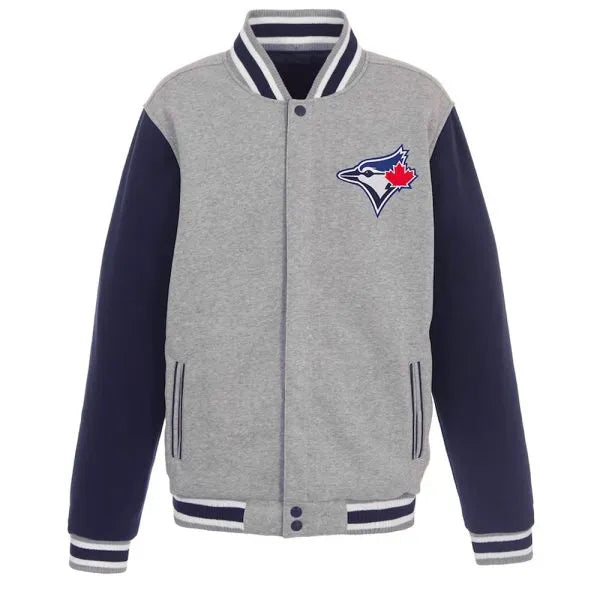 Gray and navy varsity jacket with a logo on the chest against a white background