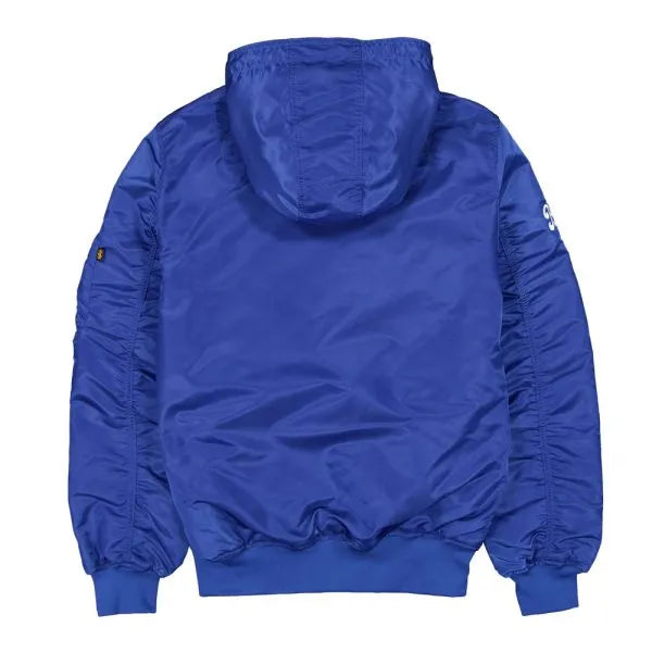 Blue jacket with a hood on a white background in American Style