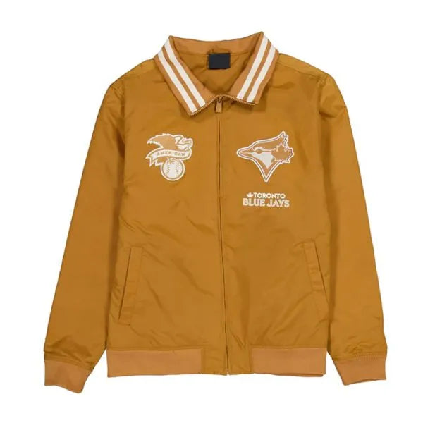 Mustard yellow jacket with Toronto Blue Jays logos on a white background in USA