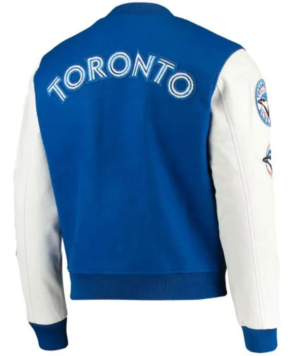 Blue and white jacket with 'Toronto' text on the back
