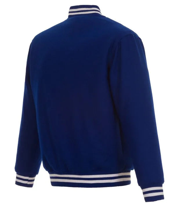 Blue varsity jacket with white stripes on a white background