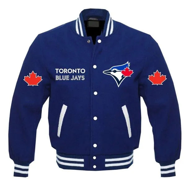 Blue jacket with Toronto Blue Jays logo on a white background