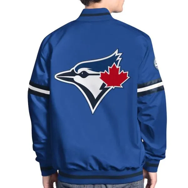 Blue jacket with a logo featuring a red maple leaf on the back in American Style