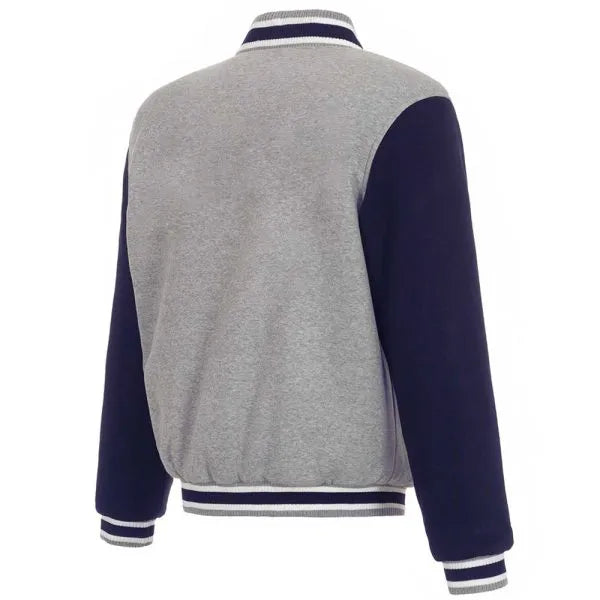 Gray and navy varsity jacket on a white background