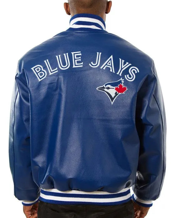 Blue sports jacket with 'Blue Jays' text and logo on the back