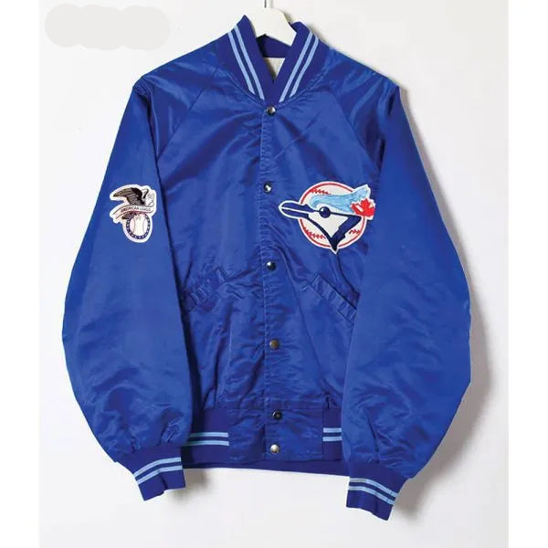 Blue varsity jacket with a logo on a white background