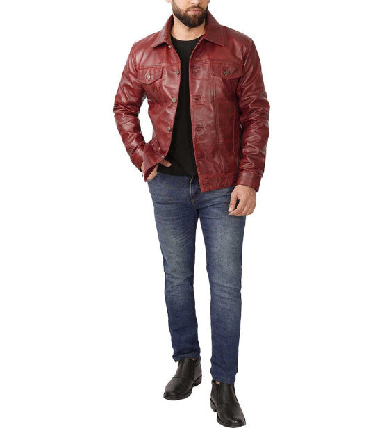 TJS Maroon Trucker Leather Jacket in USA