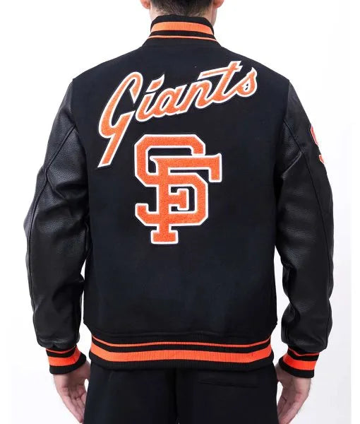 Black and white wool leather Giants varsity jacket in American Style
