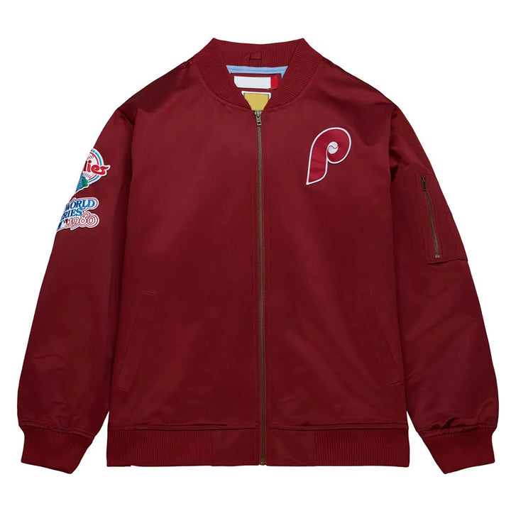 Red jacket with a logo on the chest and sleeve, on a white background in USA