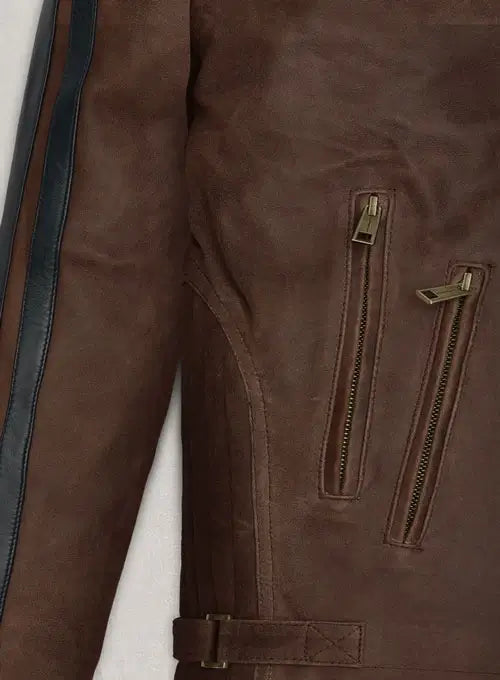 Side View of Robert Pattinson Vintage Brown Leather Jacket in UK style