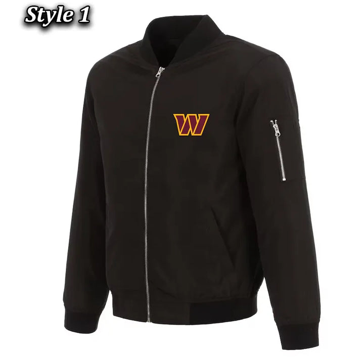 Washington Commanders black nylon bomber jacket front view

