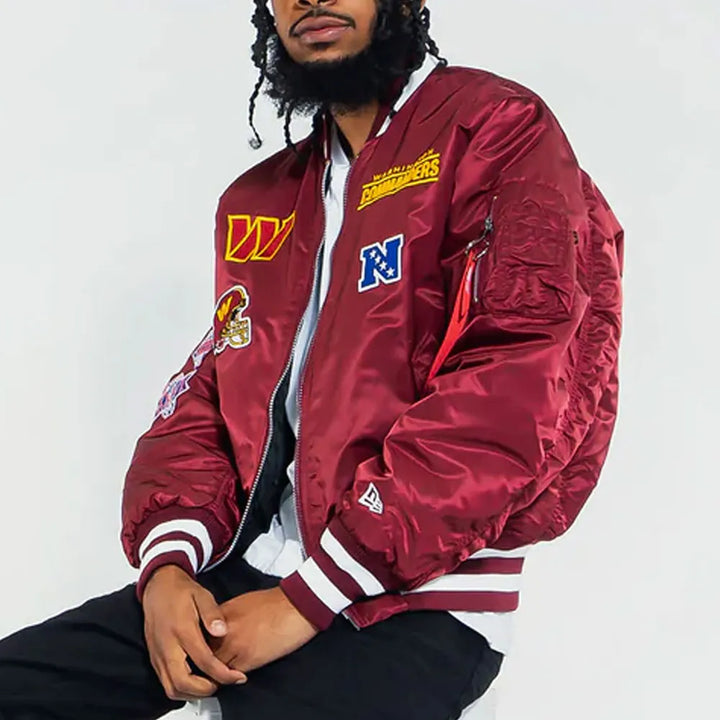 men with front view Nfl Washington Commanders Burgundy MA-1 Jacket
