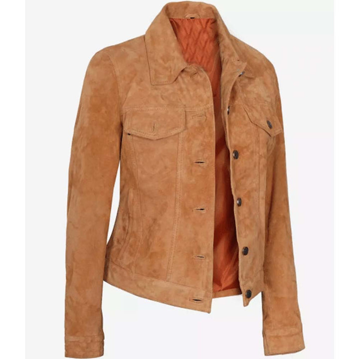 Fashionable light brown trucker jacket in American style