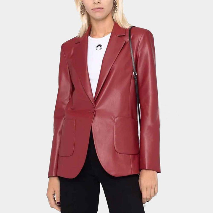 Women's red slim fit leather blazer by TJS in USA