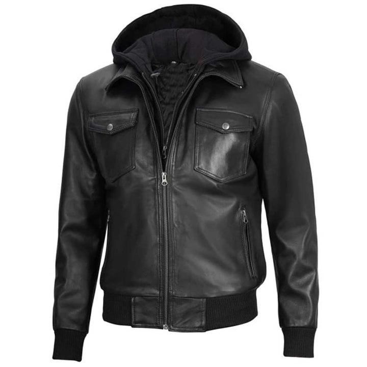 Stylish black bomber jacket with hood for men in France style