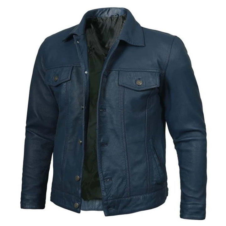 Fashionable washed blue leather jacket for men in USA style