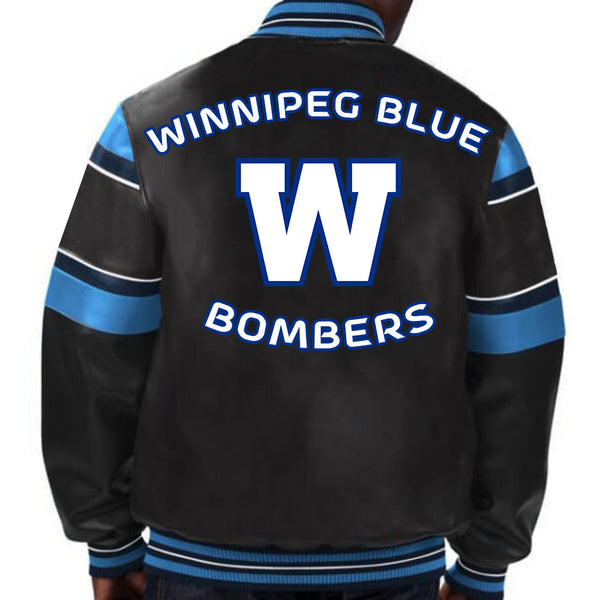 CFL Winnipeg Blue Bombers varsity jacket front view in USA