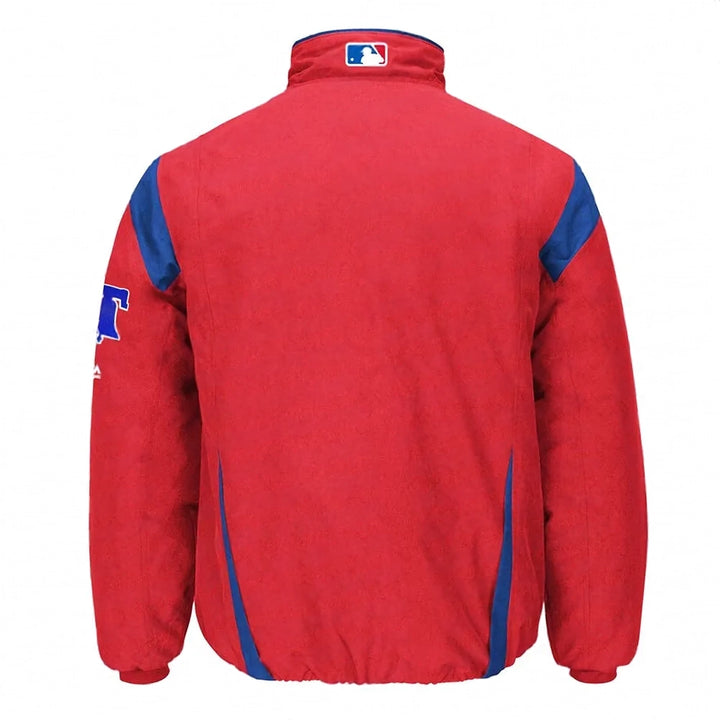 Red jacket with blue accents and a logo on the back, on a white background in USA