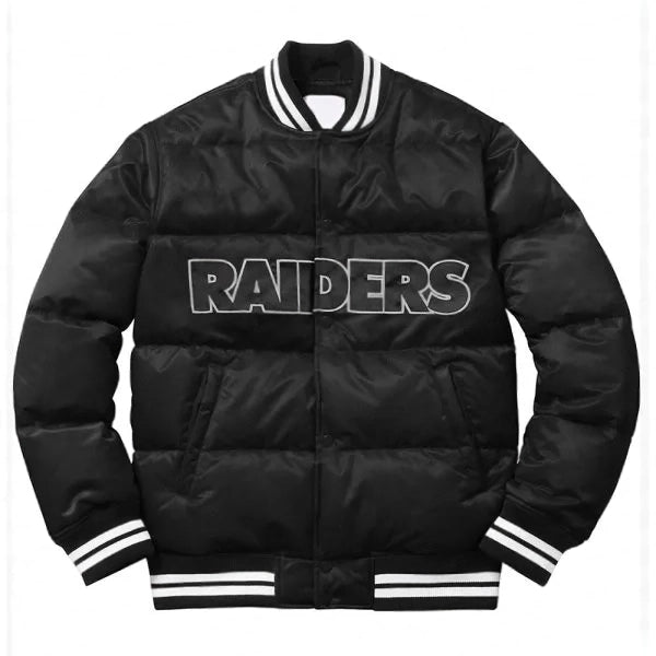 Las Vegas Raiders bubble varsity jacket in black satin in USA