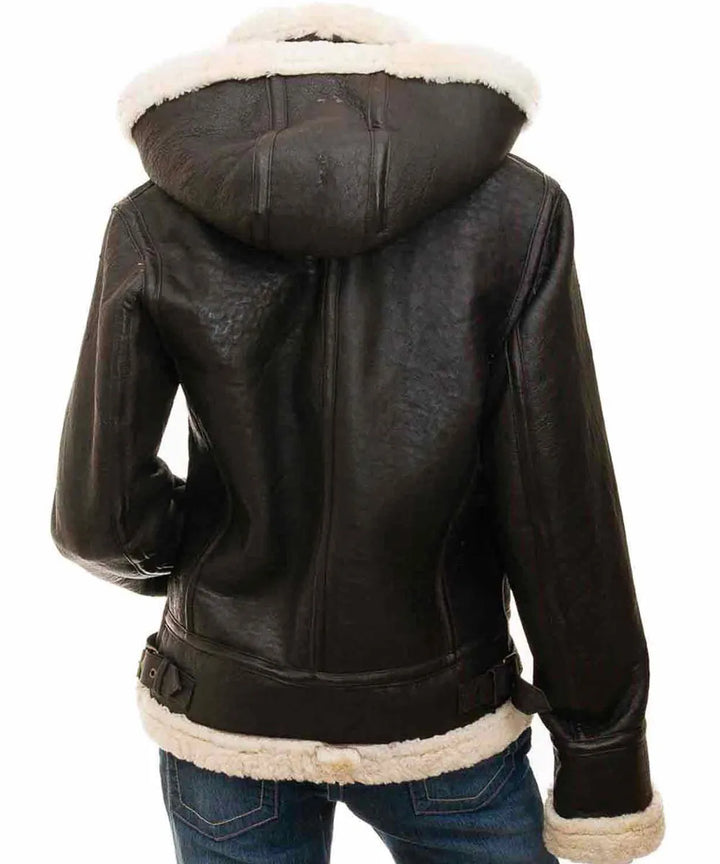 Back  View Women’s Shearling Buckle Collar Brown Leather Jacket with Hood