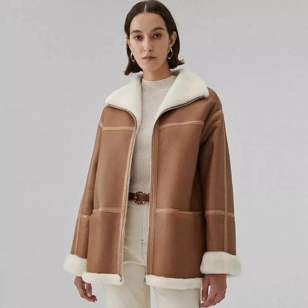 Zweireihiger Shearling-Ledermantel mit Faux-Fur-Kragen für Herren von TJS 