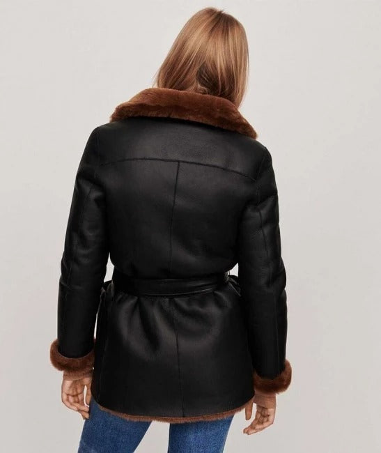 Women's black leather shearling coat in American style
