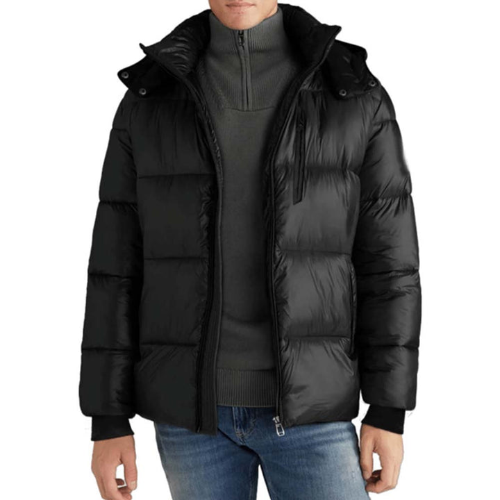 Men's black hooded puffer jacket in USA