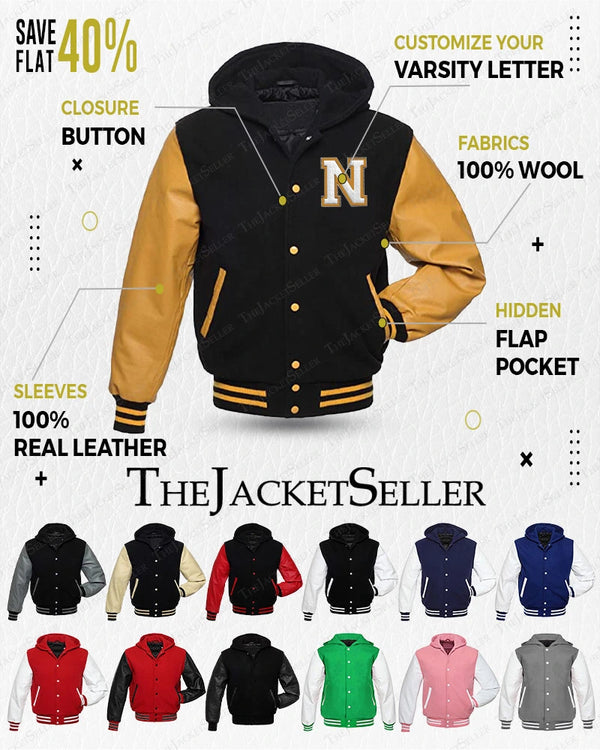 Benutzerdefinierte Varsity Letterman Bomberjacke mit Kapuze | Jacke aus Wolle und echtem Leder