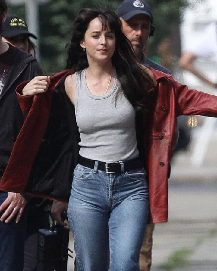 Dakota Johnson's Madame costume leather coat in France style