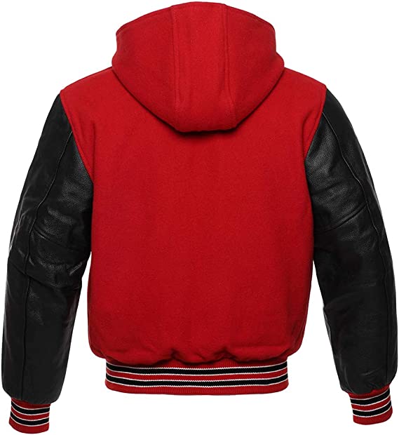 High-Quality Wool and Leather Varsity Letterman Jacket with Hood in USA