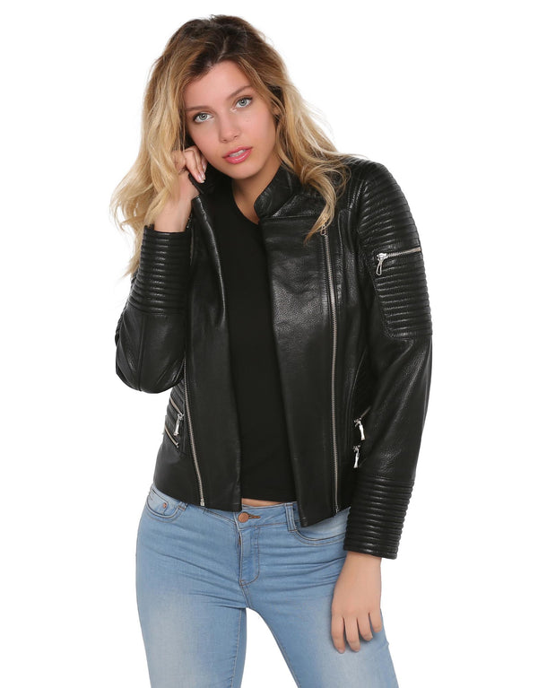 Women's black bomber jacket made from real leather in USA