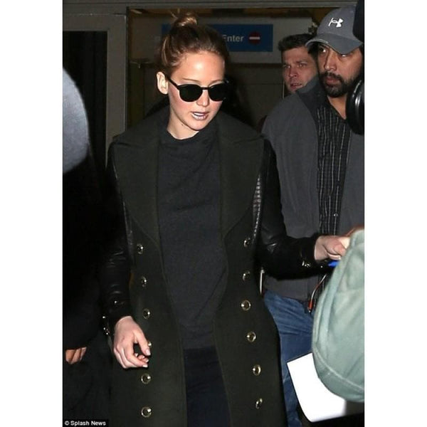 Jennifer Lawrence in leather sleeved coat front view in USA