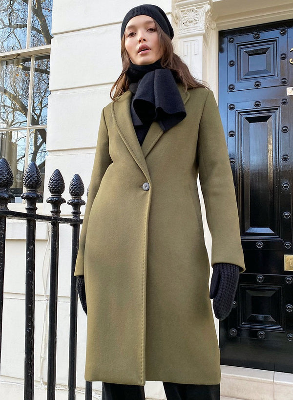 Langer Mantel aus Wolle für Damen, grün und kamelfarben