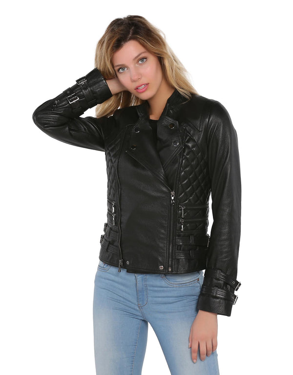 Damen Biker Lederjacke in Schwarz von TJS