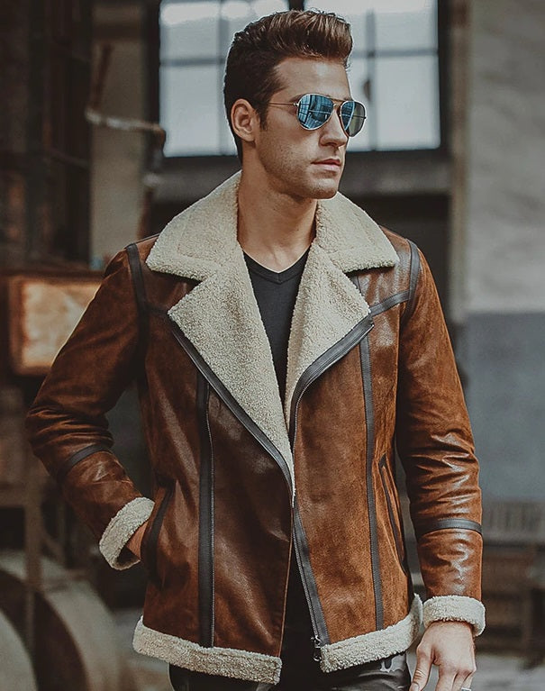 Men’s Aviator Distress Brown Shearling Bomber Style Jacket 