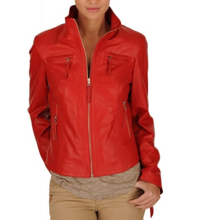 Red Motorcycle Ladies Leather Jacket for women in USA