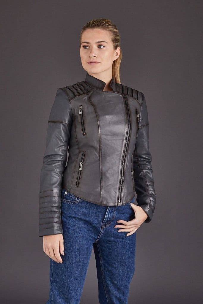 Stylish Women's Gray Leather Jacket by TJS
