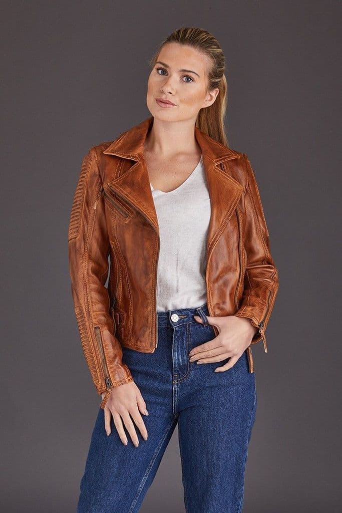 Chic Tan Leather Biker Jacket for Women by TJS
